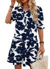 Vestido FEKOAFE azul com estampa floral, decote em V, pregas e bolsos, tamanho XXL