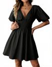 Vestido feminino Amoretu com decote em V profundo, manga curta, algodão preto