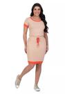 Vestido Feminino Bege com Detalhe Laranja Gola em U Com Amarração na Cintura