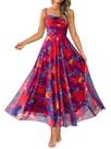 Vestido feminino BTFBM floral azul-marinho e vermelho, maxi, com alças finas, M Vestido feminino BTFBM floral azul-marinho e vermelho, maxi, com alças finas, M