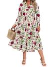 Vestido feminino CARCOS plus size branco floral com decote em V de manga comprida