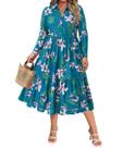 Vestido feminino CARCOS plus size com decote em V verde floral de manga comprida