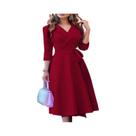 Vestido Feminino Com Decote Em V E Manga Média, Cintura Ajustável, Estilo Fashion Para O Dia a Dia