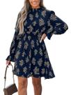 Vestido feminino CUPSHE com gola simulada floral, mini outono, azul marinho, GG