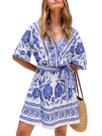 Vestido feminino CUPSHE, de verão, mini azul, floral, decote em V, tamanho L