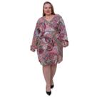 Vestido Feminino Curto floral Decote V Fenda Lateral Manga Longa Bufante Bolsos Zíper Estampa Floral Viscolinho Plus Size GG ao G5 - 48 ao 62