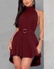 Vestido Feminino Curto Frente Unica Gola Alta Soltinho Com Cinto Tendência Elegante Verão