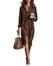 Vestido feminino de camiseta chouyatou, veludo cotelê, botão, café, XXL