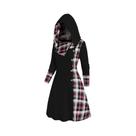 Vestido Feminino De Malha Com Capuz E Estampa Xadrez, Cintura Alta, Manga Longa, Modelo Evasê