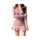 Vestido Feminino De Verão Com Decote Em V E Manga Longa Em Poliéster, Estilo Solto Coreano