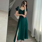 Vestido Feminino Elegante De Cintura Alta E Ajuste Slim Com Manga Curta Para Convidada De Casamento