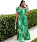 Vestido feminino estilo primavera verão tecido em viscose cor verde com listras brancas tamanho M