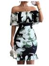 Vestido feminino Floerns com babados sem ombros e estampa tropical Vestido feminino Floerns com babados sem ombros e estampa tropical