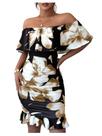 Vestido feminino Floerns com babados sem ombros e estampa tropical Vestido feminino Floerns com babados sem ombros e estampa tropical