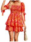 Vestido feminino Floerns com estampa floral e manga folhada, laranja queimada Vestido feminino Floerns com estampa floral e manga folhada, laranja queimada