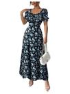 Vestido feminino Floerns Floral Milkmaid A Line Line, preto/azul