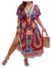 Vestido feminino Floerns plus size com estampa tribal Maxi Burgundy Vestido feminino Floerns plus size com estampa tribal Maxi Burgundy