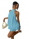 Vestido feminino FOTKLAX, mini, sem encosto, frente única, azul esvoaçante de verão