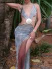 Vestido Feminino Halter Com Pérolas E Conchas, Transparente, Decote V Profundo, Sem Costas, Justo, Vestido Feminino Halter Com Pérolas E Conchas, Transparente, Decote V Profundo, Sem Costas, Justo,