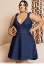 Vestido Feminino Jeans Claro e Escuro com Lycra/ Elastano Plus Size Lacinha de Babadinho Sem Mangas