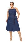 Vestido Feminino Jeans Midi com Elastano Plus Size com Alcinhas Super Elegante