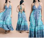 Vestido Feminino Longo - Azul com detalhes, Tam 44 Vestido Feminino Longo - Azul com detalhes, Tam 44