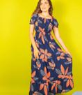 Vestido feminino longo azul com flores laranja Vestido feminino longo azul com flores laranja