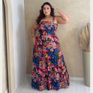 Vestido Feminino Longo Plus Size Alça Larga Saia Camada Fluida Elastex Caimento Perfeito 48a52