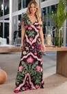 Vestido Feminino Longo Tropical Com Amarrações Decote V