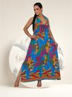 Vestido Feminino Longo Tropical Com Fenda Corte Halterneck