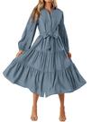 Vestido feminino MASCOMODA 2024, outono, manga comprida, cinza midi, azul
