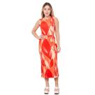 Vestido Feminino Midi com Fenda Lateral Geométrico Laranja