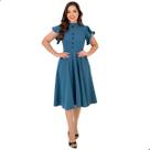 Vestido Feminino Midi Godê Mangas Curta Gola Redonda Botões Funcionais Modelado Moda Evangélica