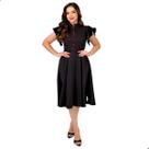 Vestido Feminino Midi Godê Mangas Curta Gola Redonda Botões Funcionais Modelado Moda Evangélica