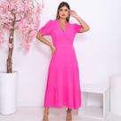 Vestido Feminino Midi Manga Curta com Forro e Decote V Look Elegante e Confortável Vestido Feminino Midi Manga Curta com Forro e Decote V Look Elegante e Confortável
