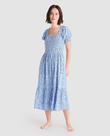Vestido Feminino Ninho de Abelha Floral Macio Azul Lohe