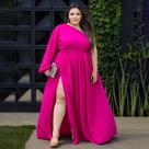 Vestido Feminino Plus Size Longo Manga longa Única Ajustável Ao Corpo Com Fenda E Faixa