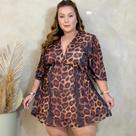 Vestido Feminino Plus Size Tule Forrado com Estampa Linda e Moderna e Decote V Manga 3/4 48 ao 54