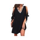 Vestido Feminino Preto Com Lantejoulas E Laço Nas Costas, Manga Longa, Decote Em V, Moda De Inverno