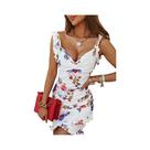 Vestido Feminino Sem Mangas Com Decote Em V E Babados, Estampa Floral De Verão, Vestido Fragmentado