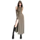 Vestido feminino SINROYEE com fenda alta, comprido, sem mangas, cáqui, tamanho L