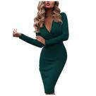 Vestido feminino sólido fino manga comprida com decote em V profundo plissado longo saco quadril hedge
