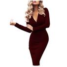 Vestido feminino sólido fino manga comprida com decote em V profundo plissado longo saco quadril hedge