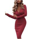 Vestido feminino sólido fino manga comprida com decote em V profundo plissado longo saco quadril hedge
