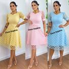 Vestido Feminino Tule Moda Evangélica Com Cinto Malha Canelado Midi