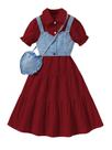 Vestido feminino Verdusa com babados largos Boho com colete jeans 8Y Burgundy Vestido feminino Verdusa com babados largos Boho com colete jeans 8Y Burgundy