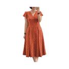 Vestido Feminino Vintage Com Bolinhas Na Altura Do Meio Da Panturrilha, Decote Em V, Manga Curta, Vestido Feminino Vintage Com Bolinhas Na Altura Do Meio Da Panturrilha, Decote Em V, Manga Curta,