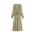 Vestido Feminino Vintage De Verão Com Estampa, Manga Longa, Babados E Cinto - Elegante Moda Urbana