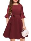 Vestido feminino WIFFGO, manga em forma de sino, até o joelho, modesto, bordô