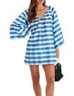 Vestido feminino ZOCPEONY, boho, guingão, manga de sino, azul, GG Vestido feminino ZOCPEONY, boho, guingão, manga de sino, azul, GG